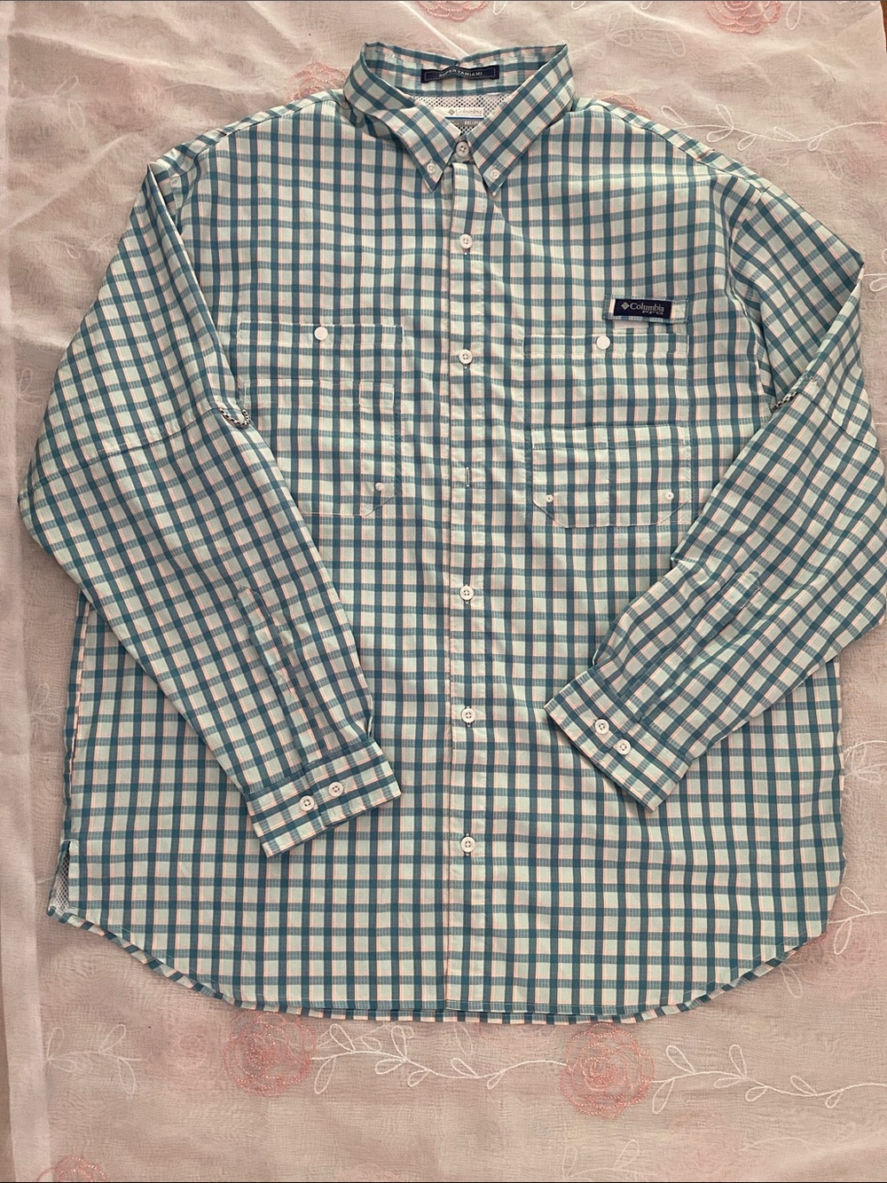 Columbia Men’s Teal and White Plaid Button-Down Shirt